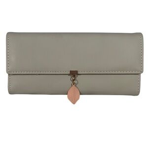 RFID Gray PU Leather Wallet with Leaf Pendant EUC